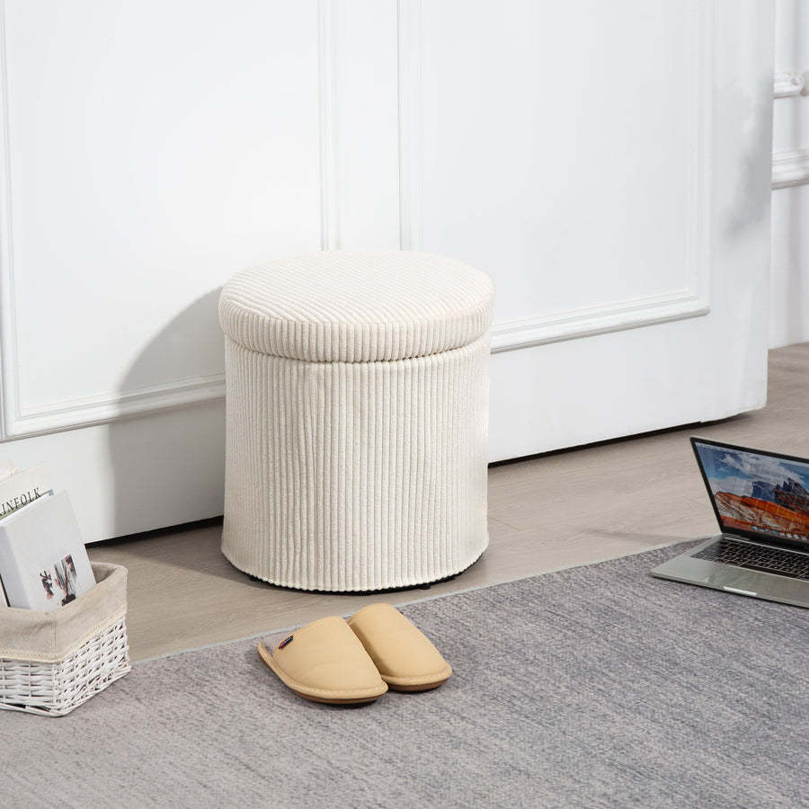 40cm Round Storage Ottoman, Corduroy Footstool with Removable Lid and Legs, Vanity Stool for Living Room, Bedroom, Beige