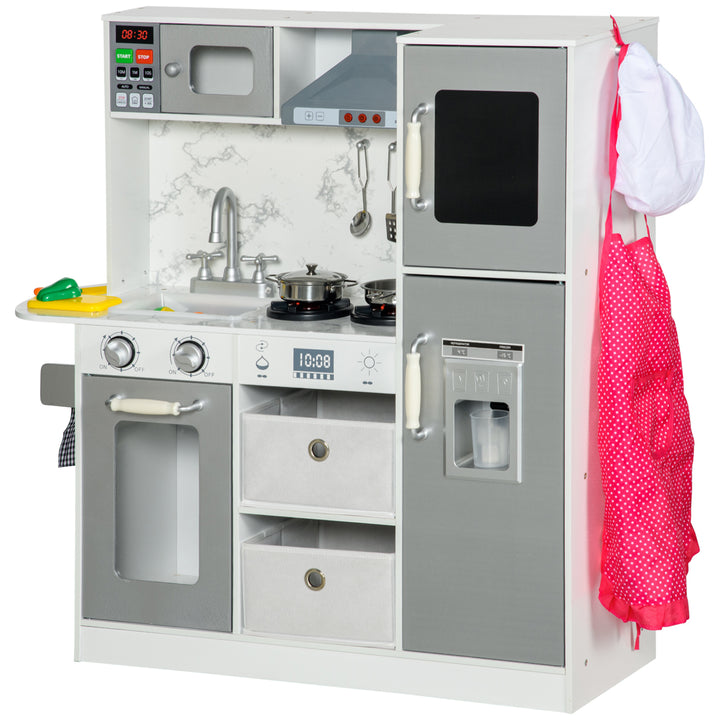 AIYAPLAY Toy Kitchen with Lights Sounds, Apron and Chef Hat, Ice Maker, Microwave, for 3-6 Years Old - White | Aosom UK