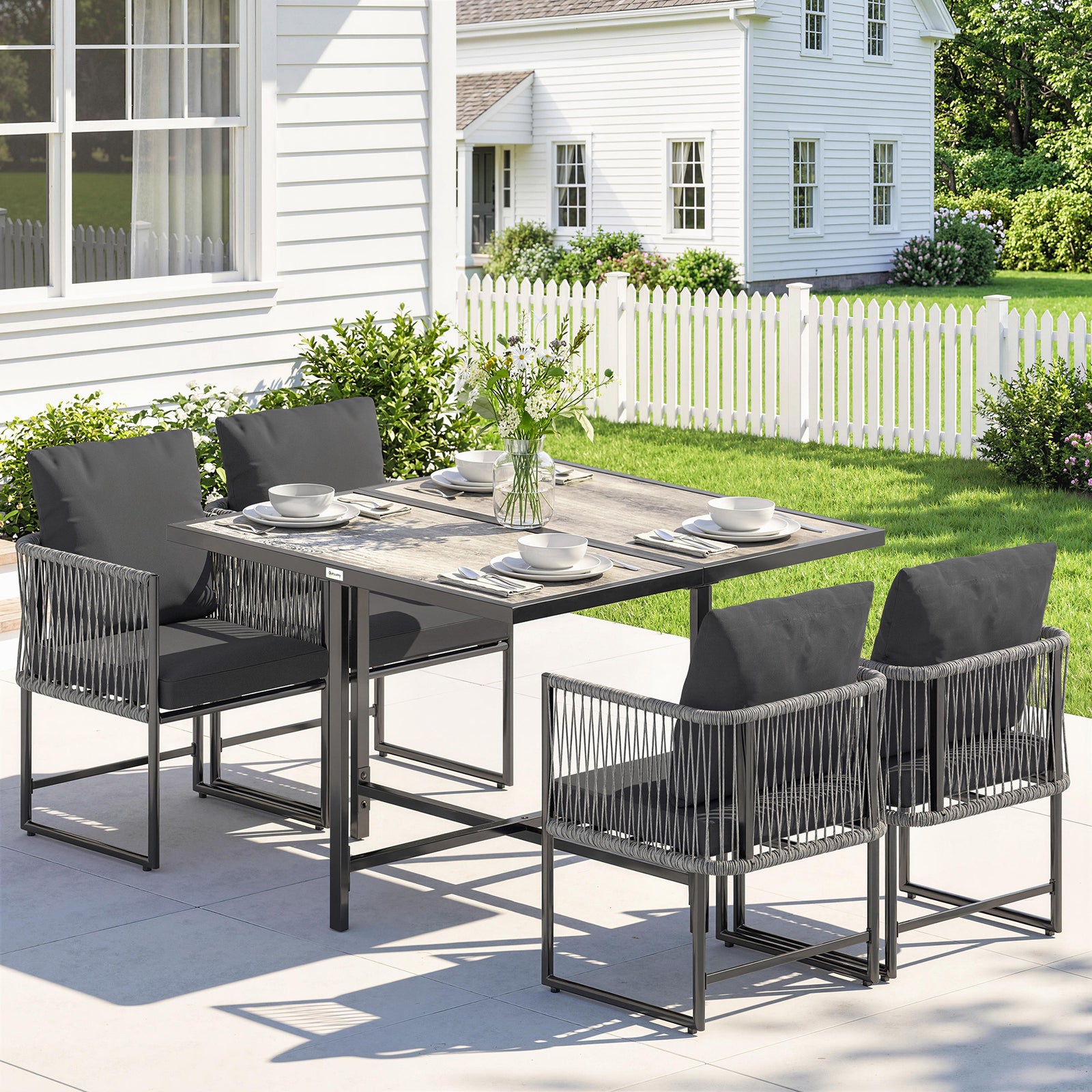 4-Seater Garden Dining Set, Rattan Outdoor Furniture with Space-Saving