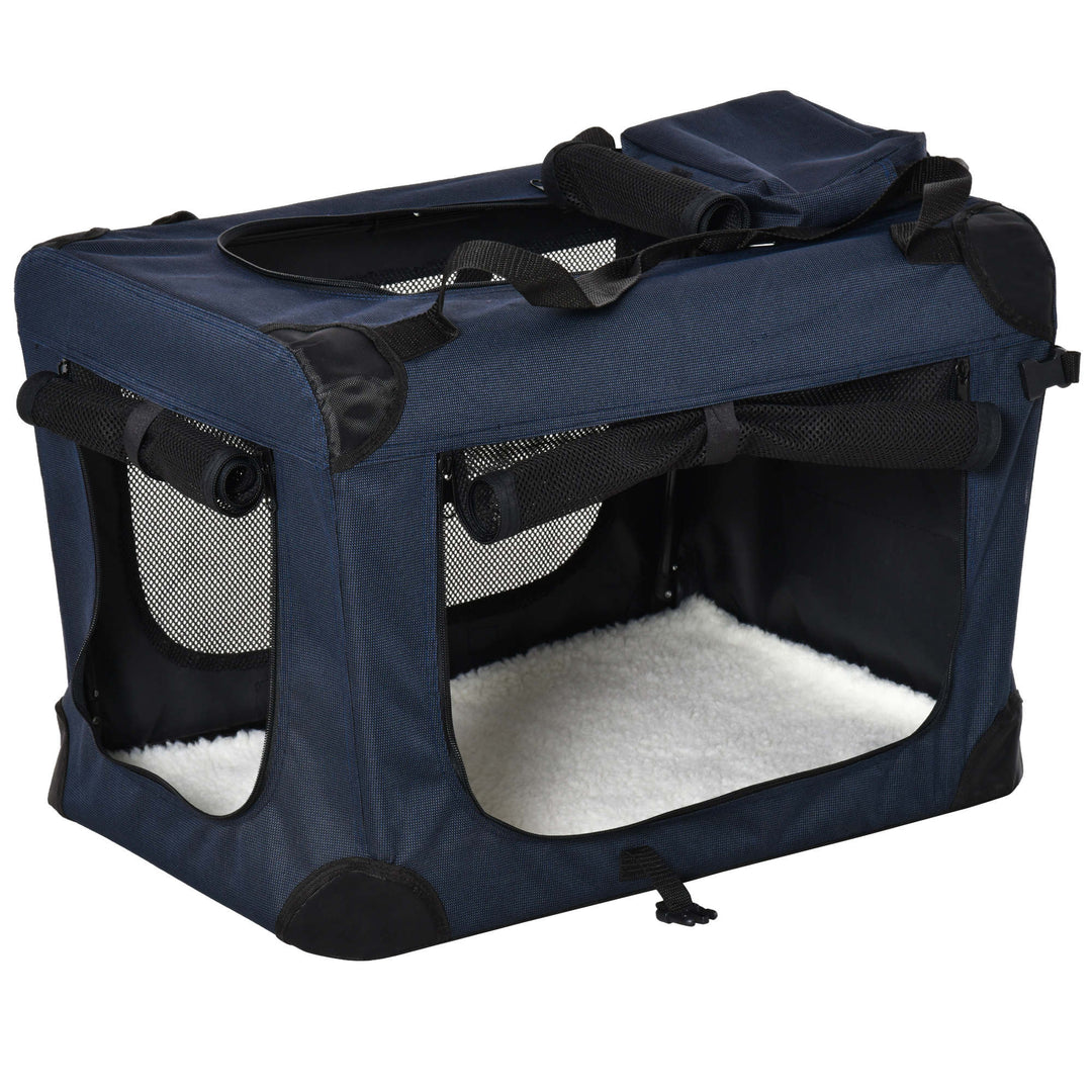 Foldable Pet Carrier for Small and Miniature Dogs, Portable Cat Carrier Soft Side Pet Travel Crate with Removable Mat, Storage Bags, Breathable Mesh 70 x 51 x 50cm - Dark Blue