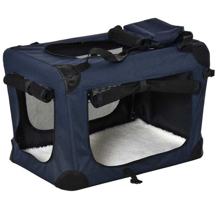 Foldable Pet Carrier for Small and Miniature Dogs, Portable Cat Carrier Soft Side Pet Travel Crate with Removable Mat, Storage Bags, Breathable Mesh 70 x 51 x 50cm - Dark Blue