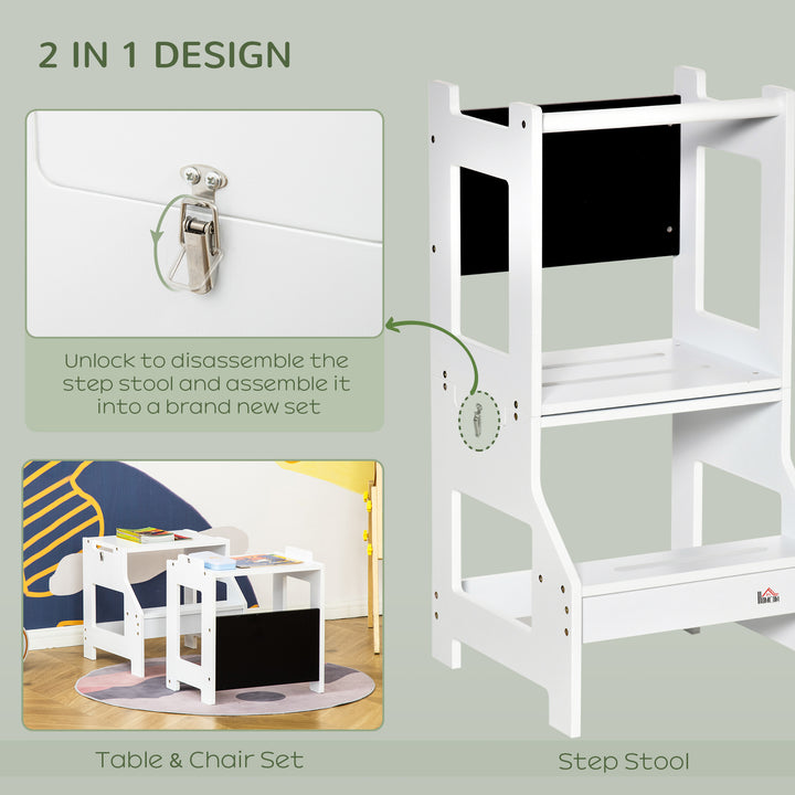 2 in 1 Kids Kitchen Step Stool with Safety Rail Toddler Steps with Chalkboard for Kitchen Bathroom, White