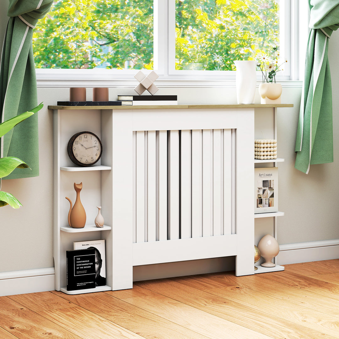 MCL Radiator Cover with Open Storage Shelves, Vertical Slatted Cabinet Shelf Heater Cover for Living Room, Hallway, Medium, White (H: 83 / W: 124 / D: 19 cm)