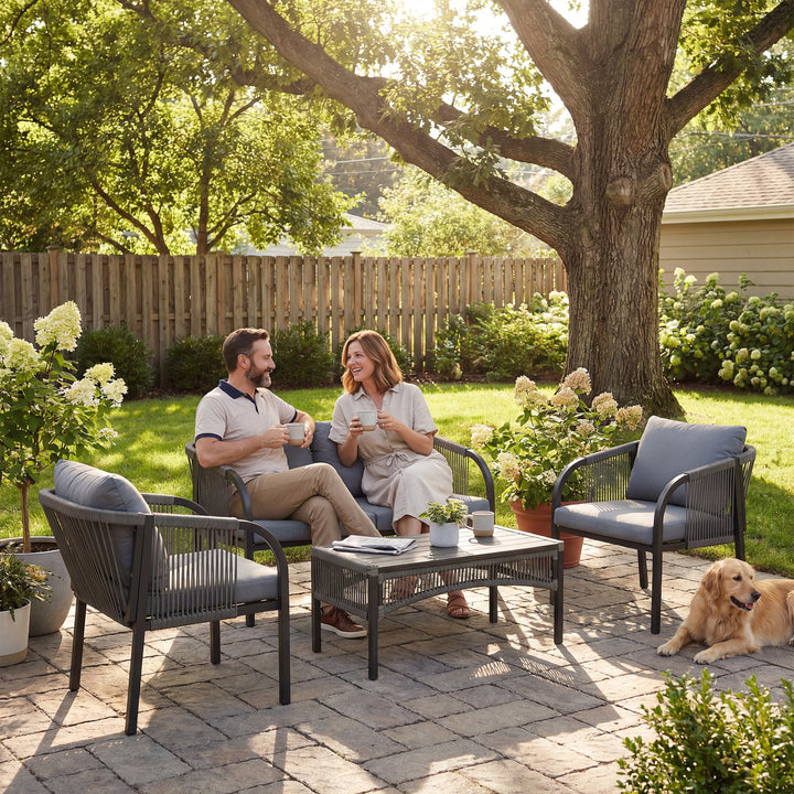 4 Piece Rattan Garden Furniture Set with Loveseat, Armchairs, Table, S