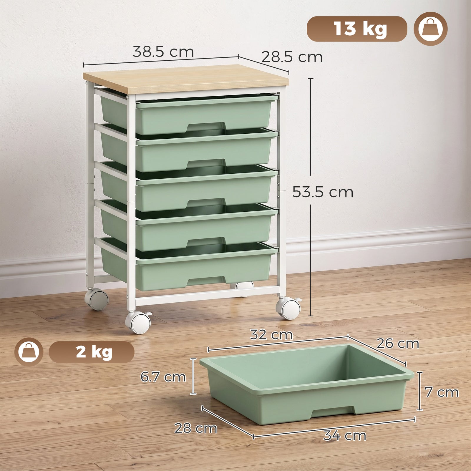 6-Tier Storage Trolley on Wheels, Metal Kitchen Rolling Cart with 5 Pu