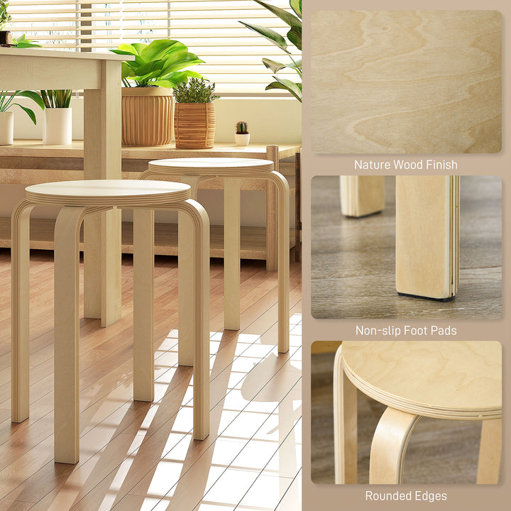 Stackable Stools Set of 4, Modern Stacking Chairs, Round Backless Stools for Kitchen, Dining Room, Office, Outdoors, Nature Wood Finish