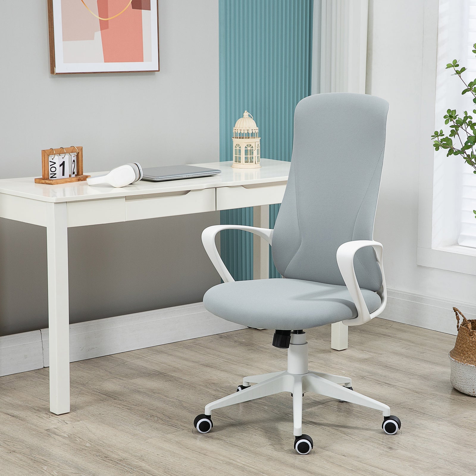 High Back Office Chair, Fabric Desk Chair with Armrests, Adjustable Height, Swivel Wheels, Light Grey