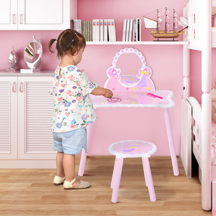 MCL Kids Dressing Table Girls Pink Wooden Kids Dressing Table & Stool Make Up Desk Chair Toys Fairy Dresser Play Set w/Mirror
