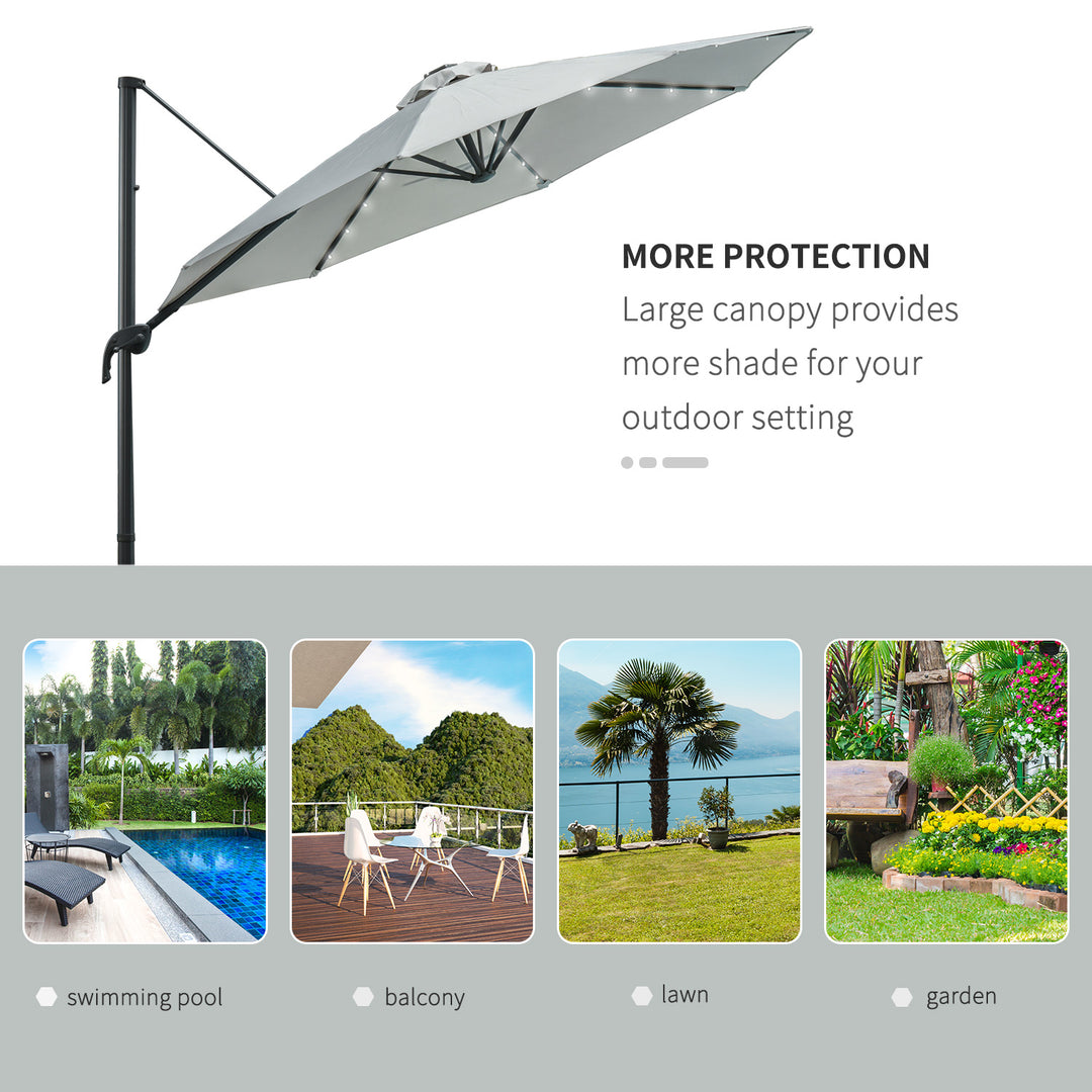 3(m) LED Cantilever Parasol Garden Sun Umbrella w/ Cross Base and Solar Lights Grey
