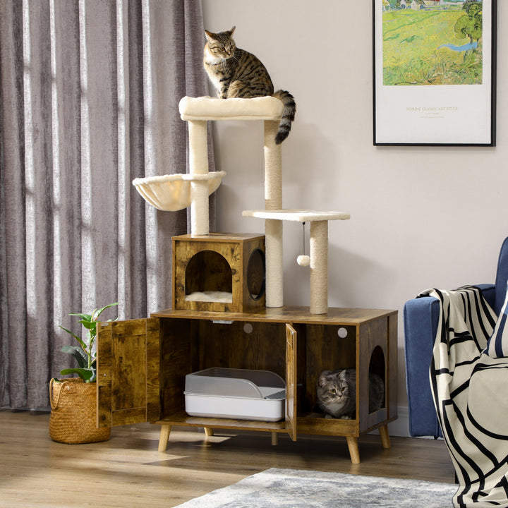 PawHut Cat Litter Box Enclosure, with Tree Tower, Cat House, Hammock, Cushion - Rustic Brown | Aosom UK