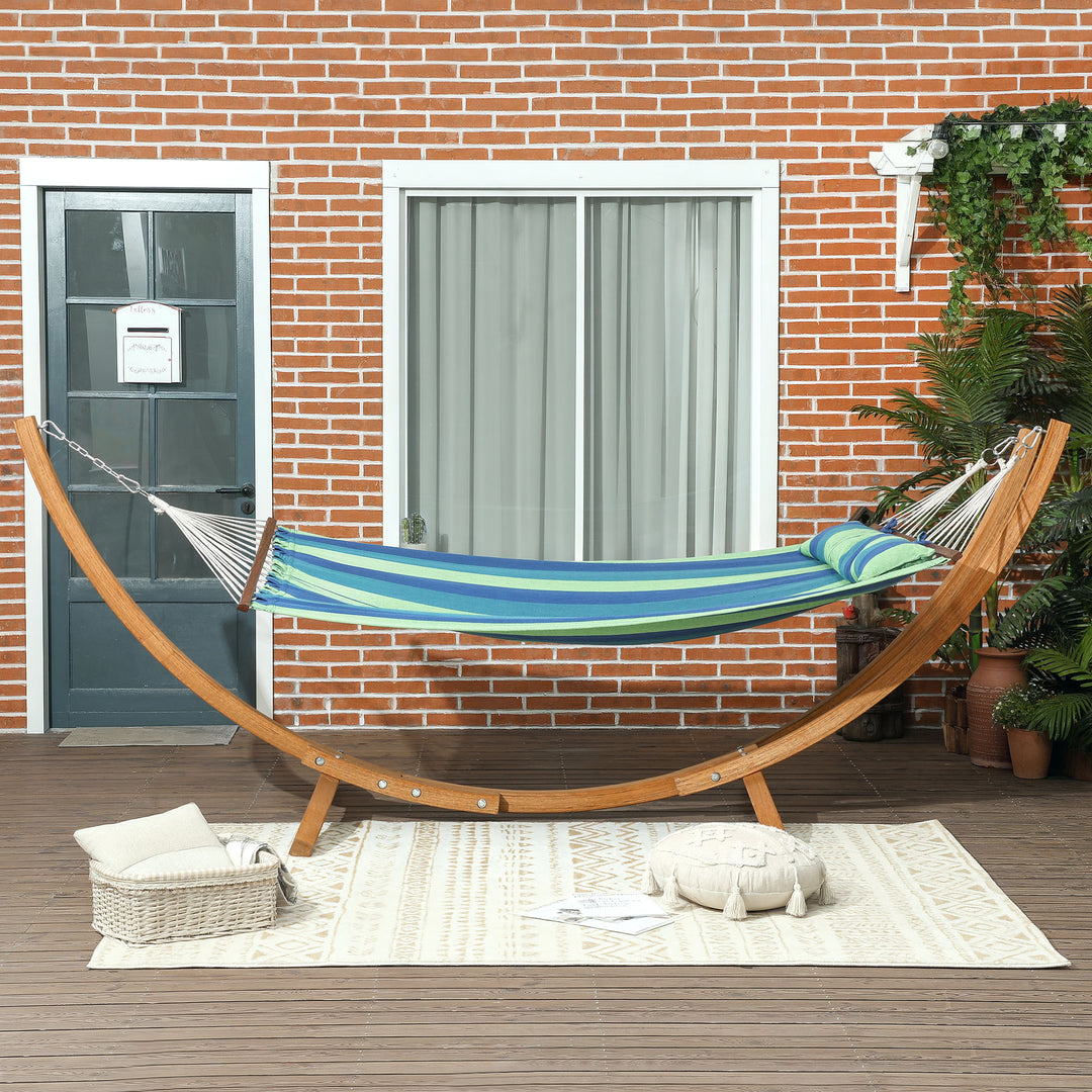 Outdoor Hammock with Stand, Garden Hammock with Triple-Head Eucalyptus Wood Arc Frame, 1 Person Cotton Bed and Head Pillow, Freestanding Garden Swing Bed for Patio, Blue Stripe