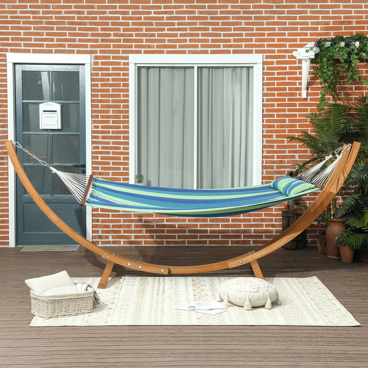 Outdoor Hammock with Stand, Garden Hammock with Triple-Head Eucalyptus Wood Arc Frame, 1 Person Cotton Bed and Head Pillow, Freestanding Garden Swing Bed for Patio, Blue Stripe