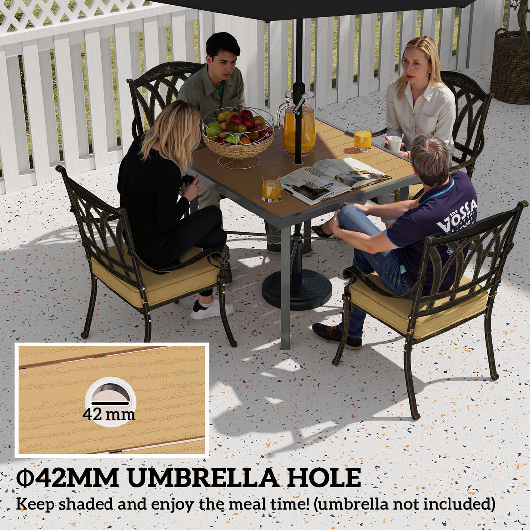 Garden Table for 4, 90 cm Rectangular Outdoor Dining Table with 4.2 cm Umbrella Hole, Wood Effect Top, Rust Resistant Frame, for Patio, Balcony, Terrace, Natural Wood Finish