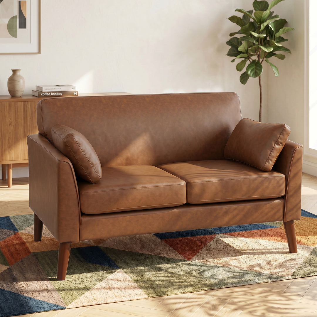 2 Seater Sofa, 132 cm Modern Small Sofa with Solid Wood Legs and 2 Pil