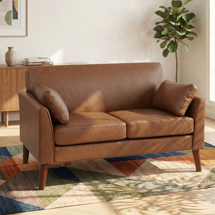 2 Seater Sofa, 132 cm Modern Small Sofa with Solid Wood Legs and 2 Pil