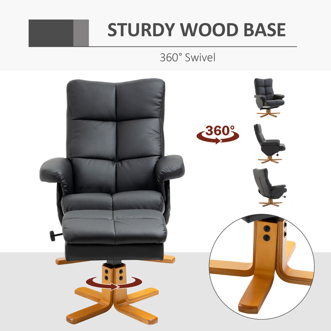Recliner Armchair, Swivel Reclining Chair With Ottoman, Swivel Faux Leather Chair with Wooden Base and Storage Footstool for Living Room, Black