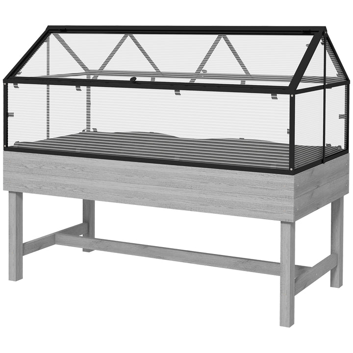 Outsunny Elevated Wood Planter with Mini Greenhouse Raised Garden Bed with PC Panel Top Vent 120 x 60 x 103cm Distressed Grey