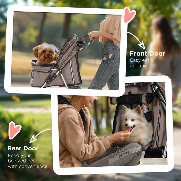 Dog Stroller, 3 Wheels Foldable Cat Dog Pram with Cup Holder, Storage Basket, Pet Stroller for Small Miniature Dogs, Brown
