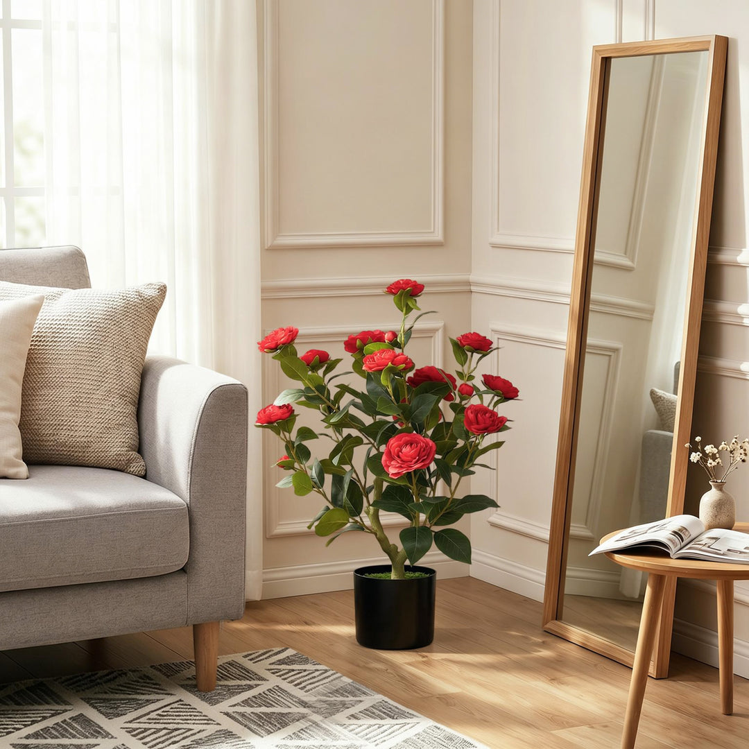 65cm Artificial Camellia Flower Plant in Pot with 116 Lush Leaves &amp; Mo