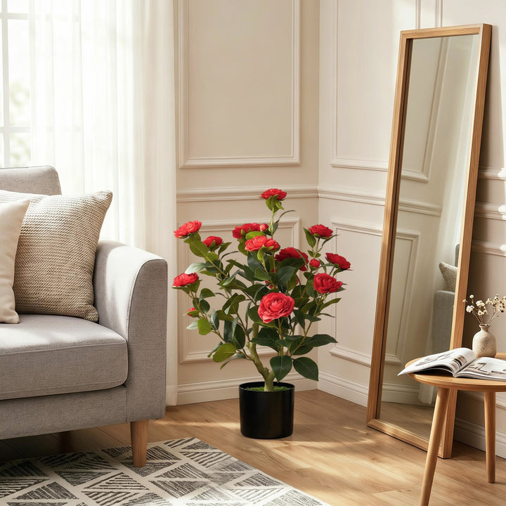 65cm Artificial Camellia Flower Plant in Pot with 116 Lush Leaves &amp; Mo