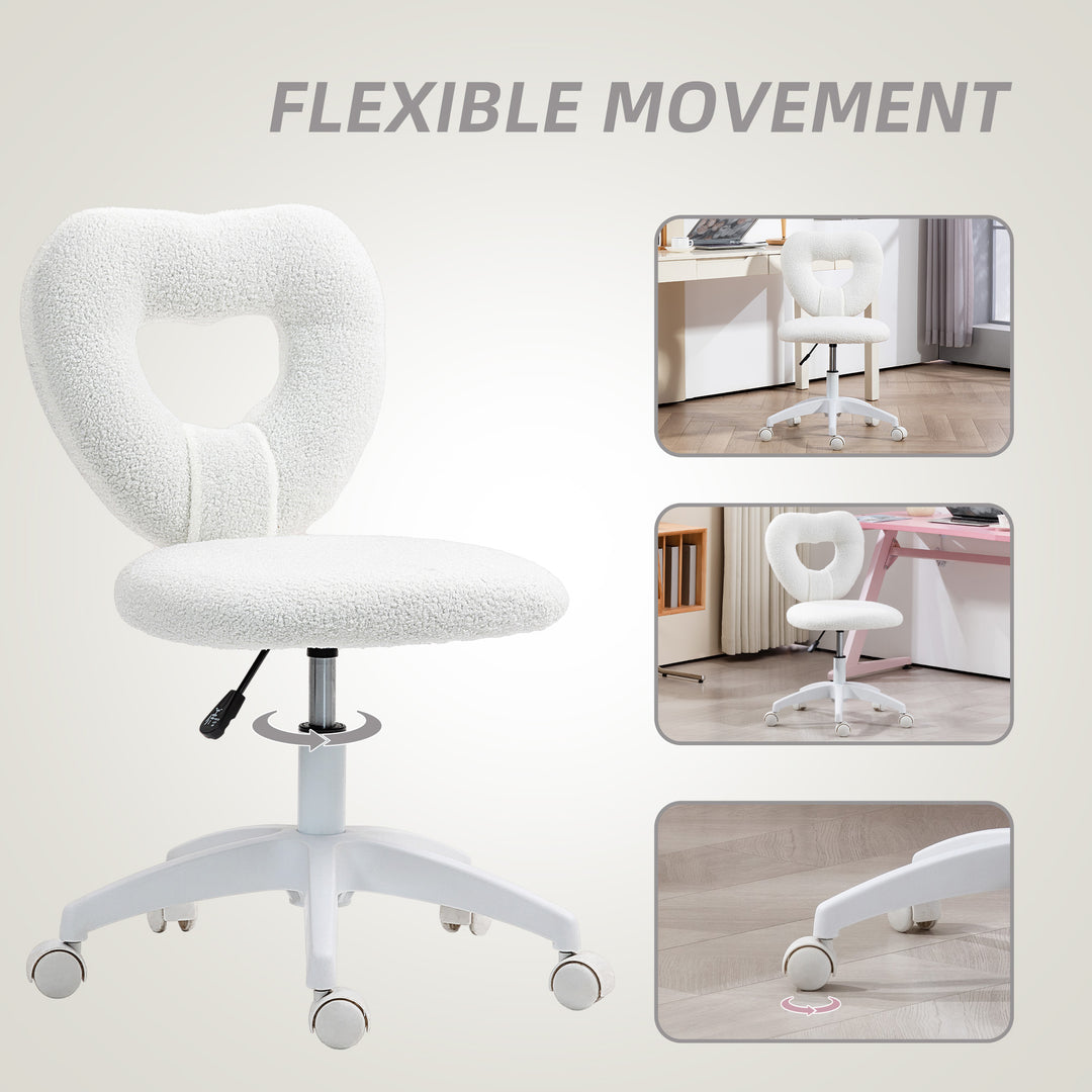Armless Heart Computer Desk Chair, Teddy Fleece Swivel Office Chair, Makeup Vanity Chair with Height Adjustable, Wheels, for Home Study Bedroom, White
