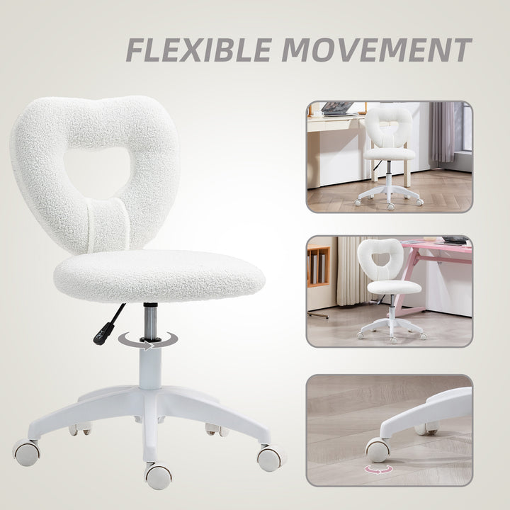 Armless Heart Computer Desk Chair, Teddy Fleece Swivel Office Chair, Makeup Vanity Chair with Height Adjustable, Wheels, for Home Study Bedroom, White