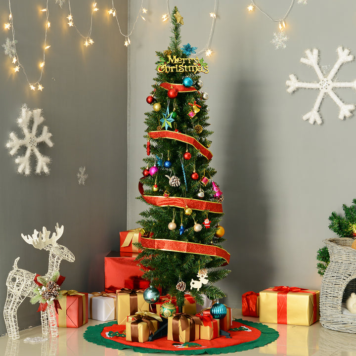 5ft Unlit Artificial Christmas Tree, Pencil Slim Xmas Tree with Solid Stand and Realistic Branches, Green