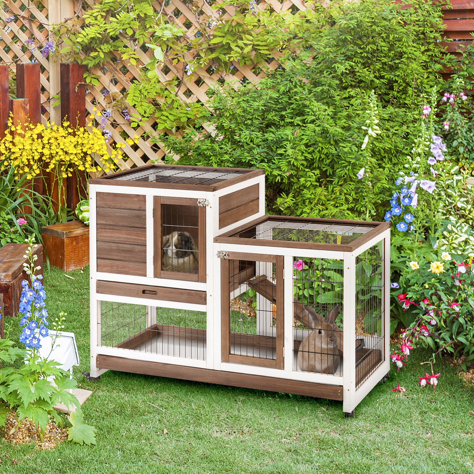 Two-Tier Rabbit Hutch Pet Cage, with Wheels - Brown