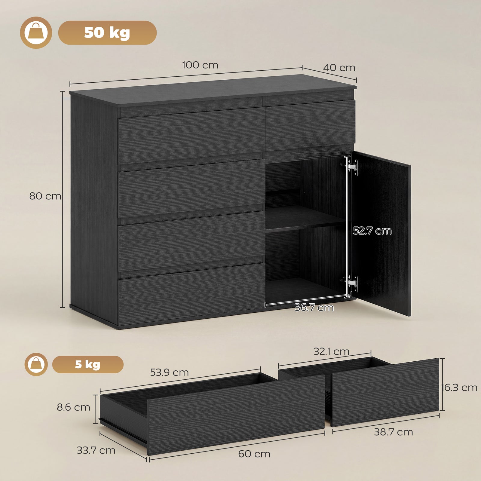 Modern Chest Of Drawers, 5 Drawer Dresser with Adjustable Shelf, Soft-