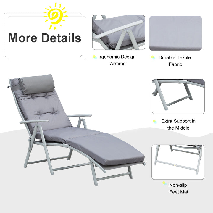 Outsunny Outdoor Patio Sun Lounger Garden Texteline Foldable Reclining Chair Pillow Adjustable Recliner with Cushion - Grey | Aosom UK