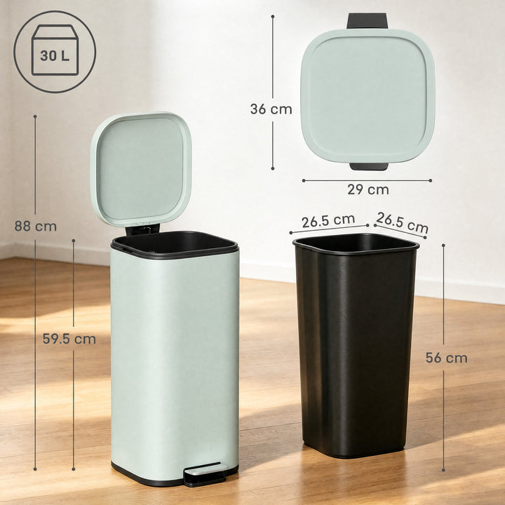 30L Kitchen Bin, Compact Pedal Bin with Soft-Close and Stay-Open Lid, 
