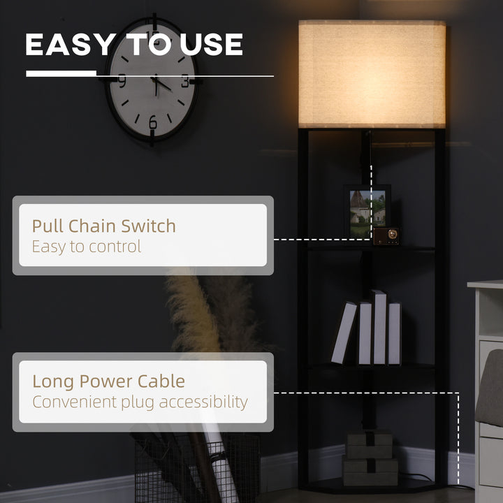 MCL Corner Floor Lamp with Shelves, Modern Tall Standing Lamp with Chain Switch for Living Room, Bedroom, Bulb Not Included, Black
