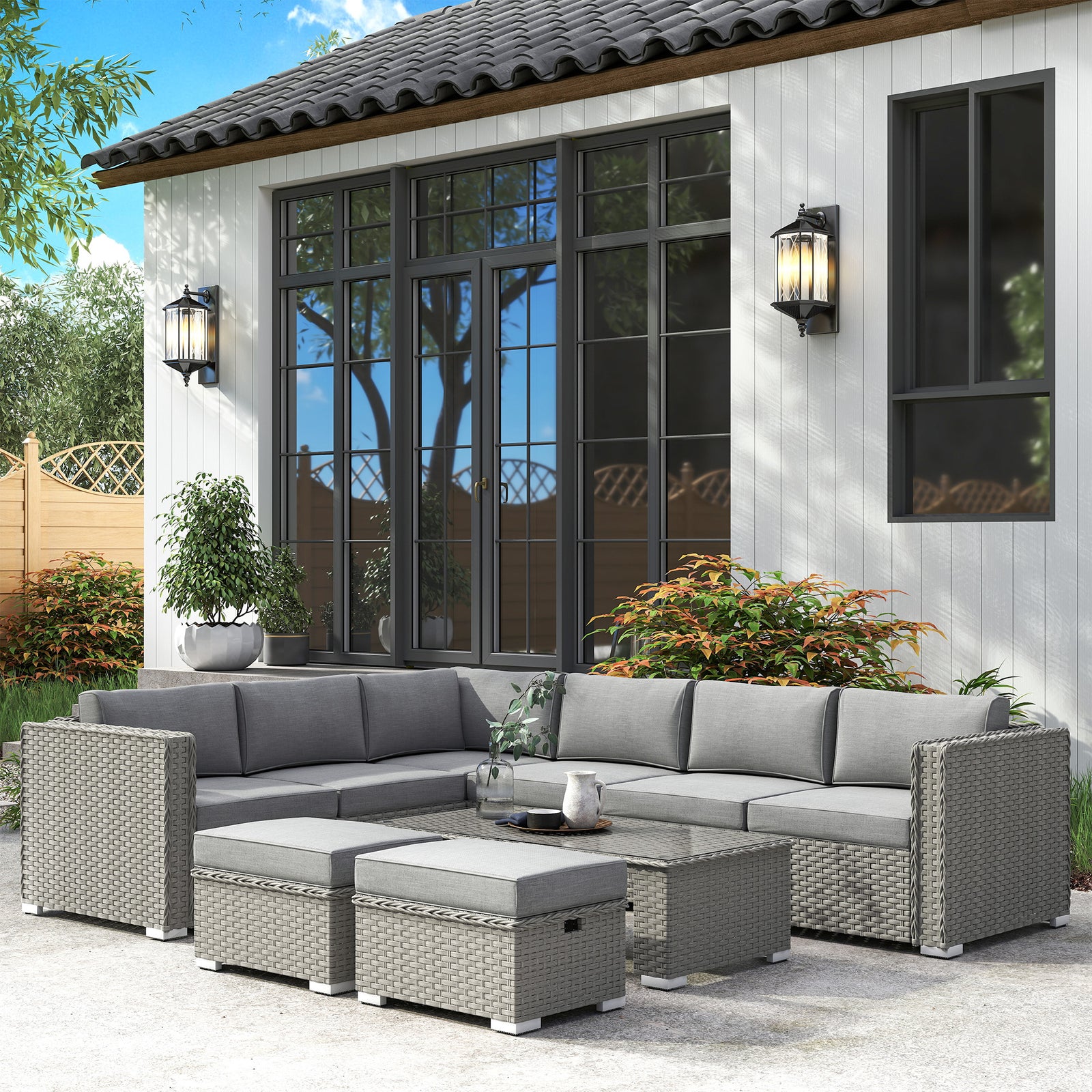 6 Pieces Outdoor PE Rattan Wicker Corner Sofa Set with 10cm Thick Padded Cushions, Aluminium Conservatory Furniture with Glass Top Coffee Table, Footstools, Grey