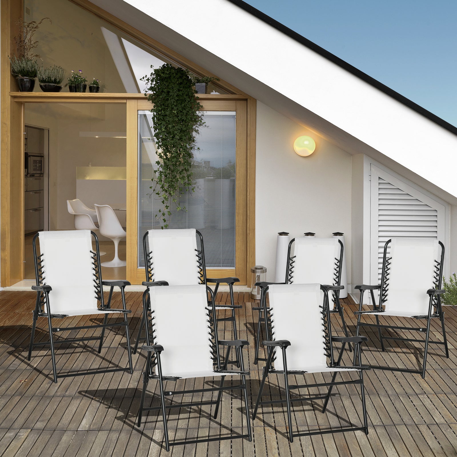 Set of 6 Patio Folding Chair Set, Garden Portable Outdoor Chairs with Armrest and Breathable Mesh Fabric Seat and Backrest, for Camping, Beach, Deck, Lawn, Cream White