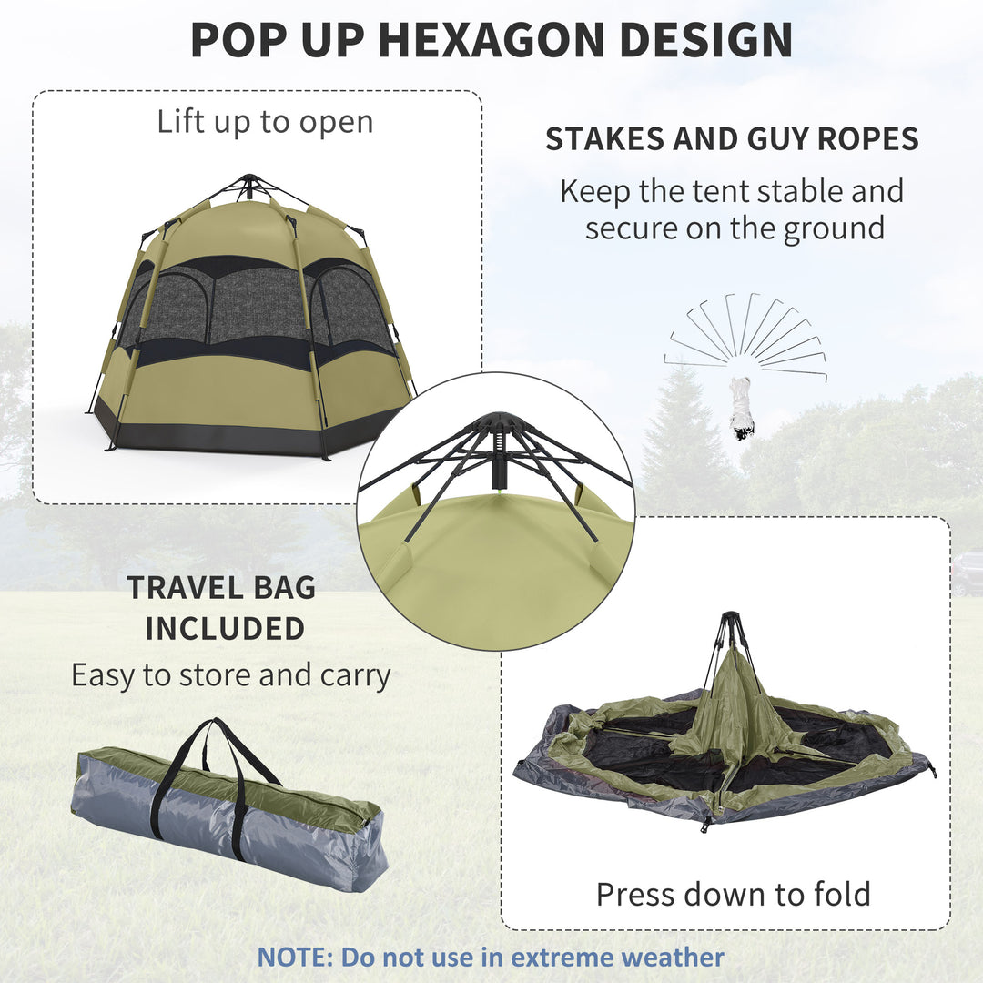 Six Man Hexagon Camping Tent with Hang Hook and Carry Bag - Dark Green and Light Grey