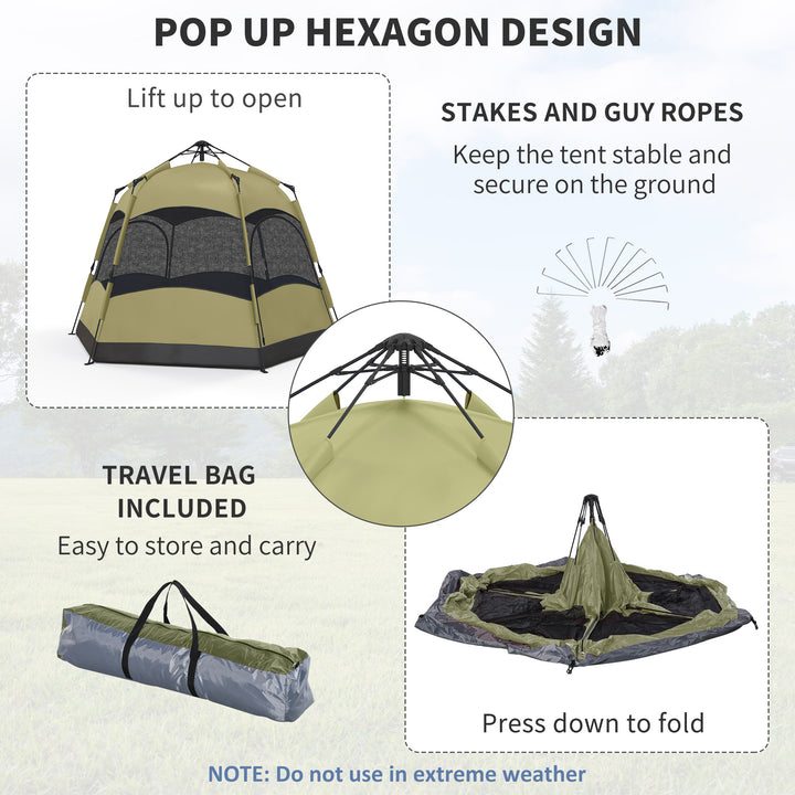 Six Man Hexagon Camping Tent with Hang Hook and Carry Bag - Dark Green and Light Grey