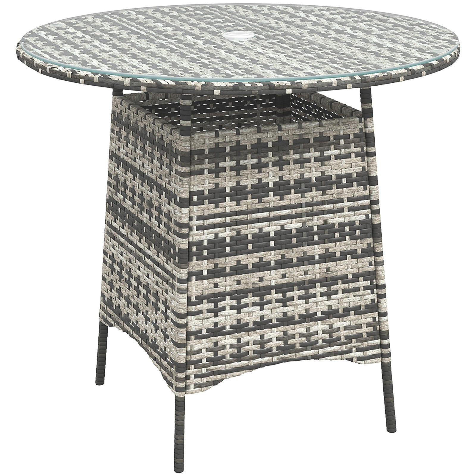 Wicker Garden Rattan Table, Patio Furniture Outdoor Coffee Table with Umbrella Hole and Tempered Glass Top, Grey