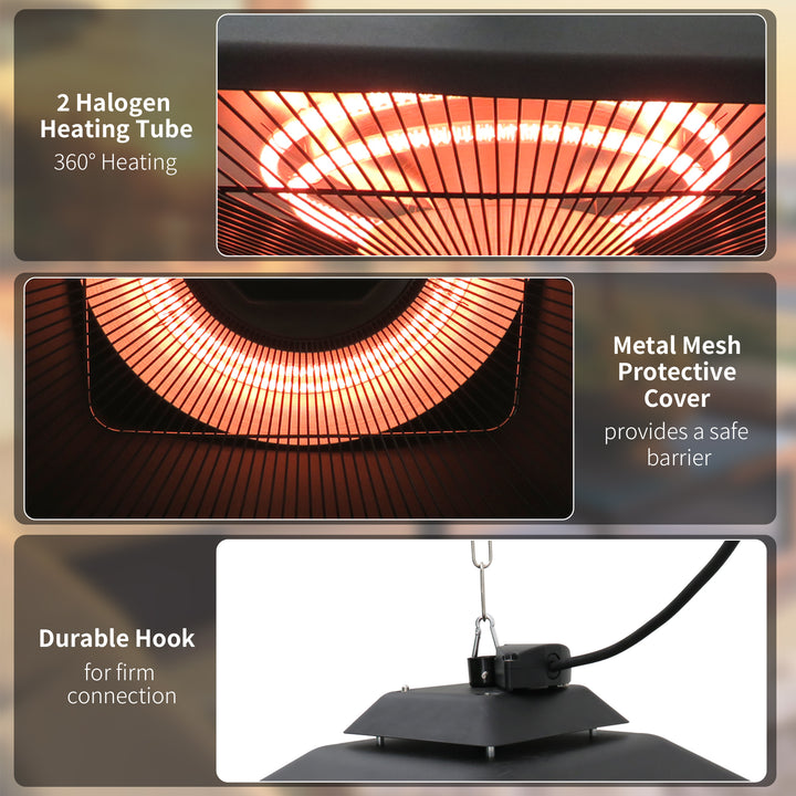 Hanging Electric Patio Heater with 2 Power Settings, 1000/2000W Waterproof Ceiling Mounted Aluminium Halogen Infrared Outdoor Heater Warmer with LED Light and Remote Control, Black