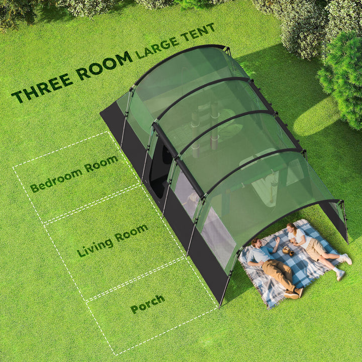 8-Person Camping Tent, Waterproof Family Tent, Tunnel Design, 4 Large Windows, Sleeping Cabins 3000mm Water Column Green