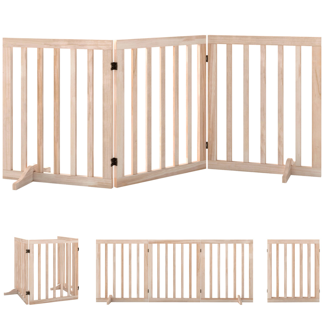 Wooden Dog Gate, 3-Panel Freestanding Pet Gates Indoor with 2 Support