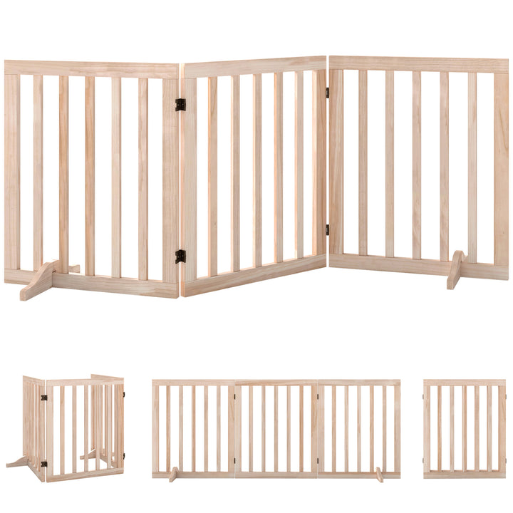 Wooden Dog Gate, 3-Panel Freestanding Pet Gates Indoor with 2 Support