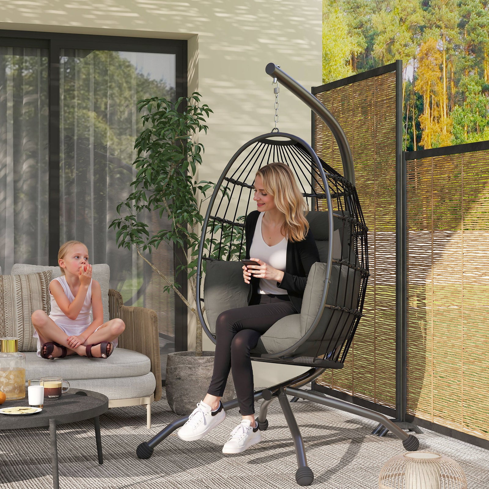 Hanging Egg Chair Outdoor Indoor Garden Swing Chair with Folding Basket and Thickened Cushion, Garden Hanging Chair with Stand, Headrest, Cup Holder for Patio, Balcony, Dark Grey