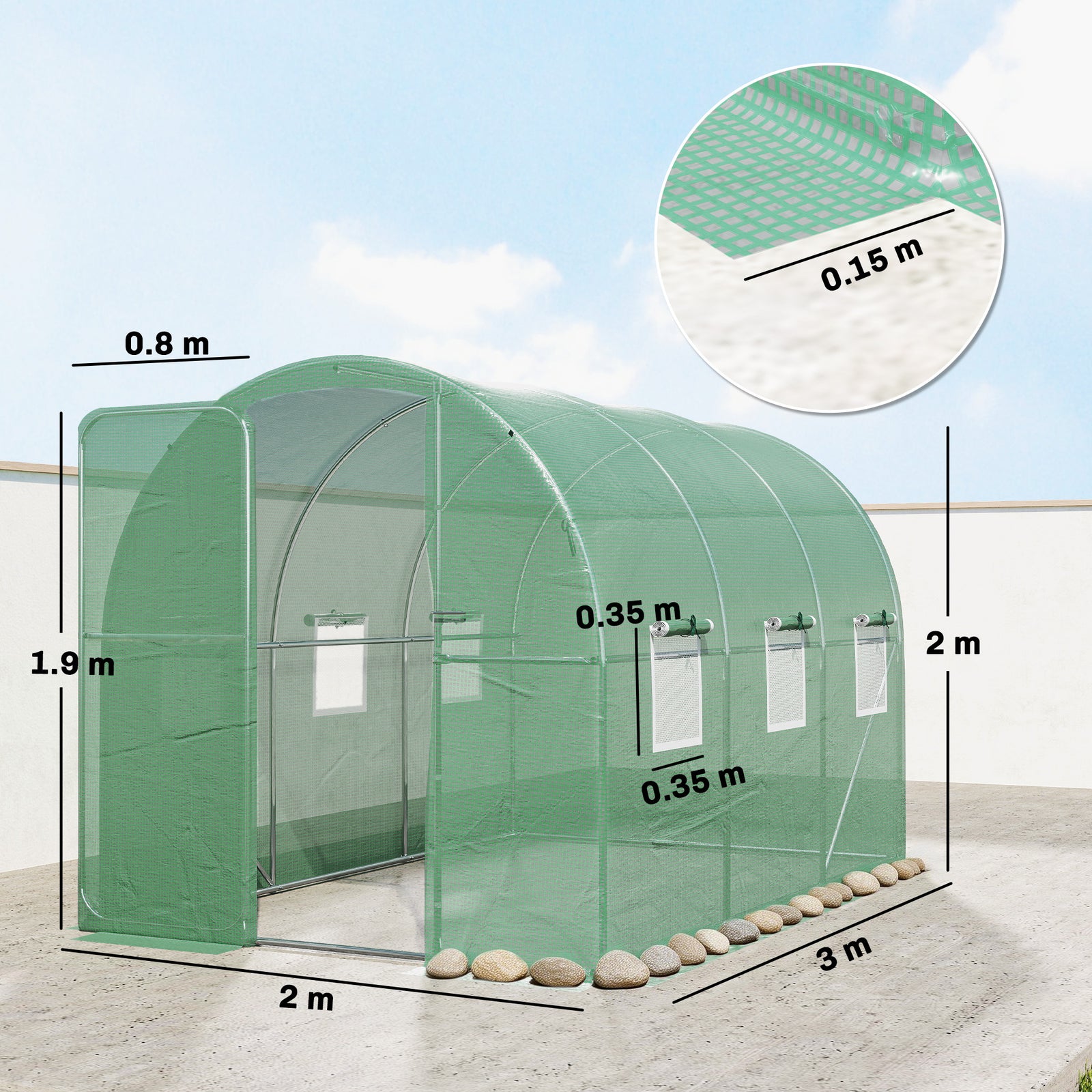 2 x 3 m Walk-in Polytunnel Greenhouse with Hinged Door and 6 Roll Up M