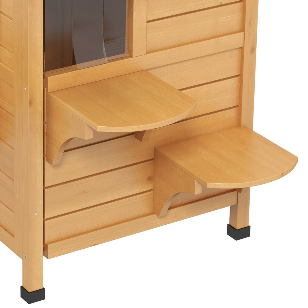 MCL 2-story Cat House Outdoor, Weatherproof Wooden Cat Enclosure for Feral Cats with Escape Door, Openable Roof, Jumping Platforms, Natural Wood Finish