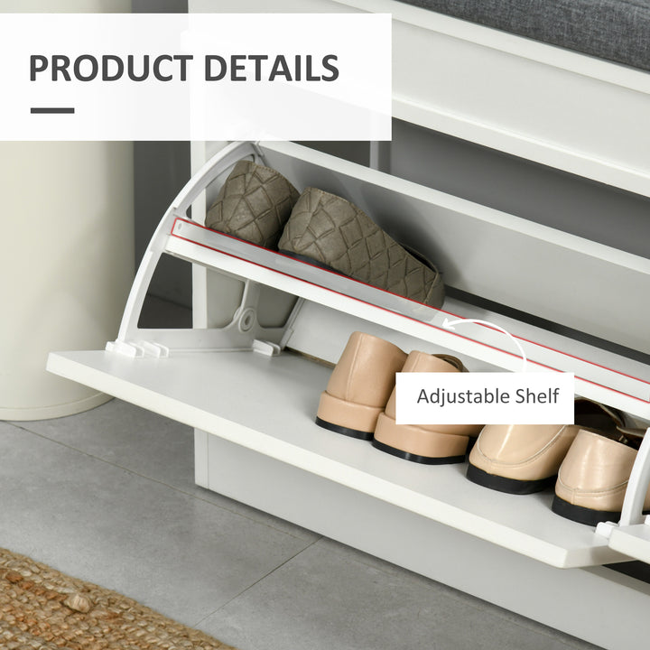 Shoe Storage Bench with Flip Drawers, Shoe Cabinet with Seat Cushion and Adjustable Shelf for Hallway, Entryway, Living Room, Bedroom, White