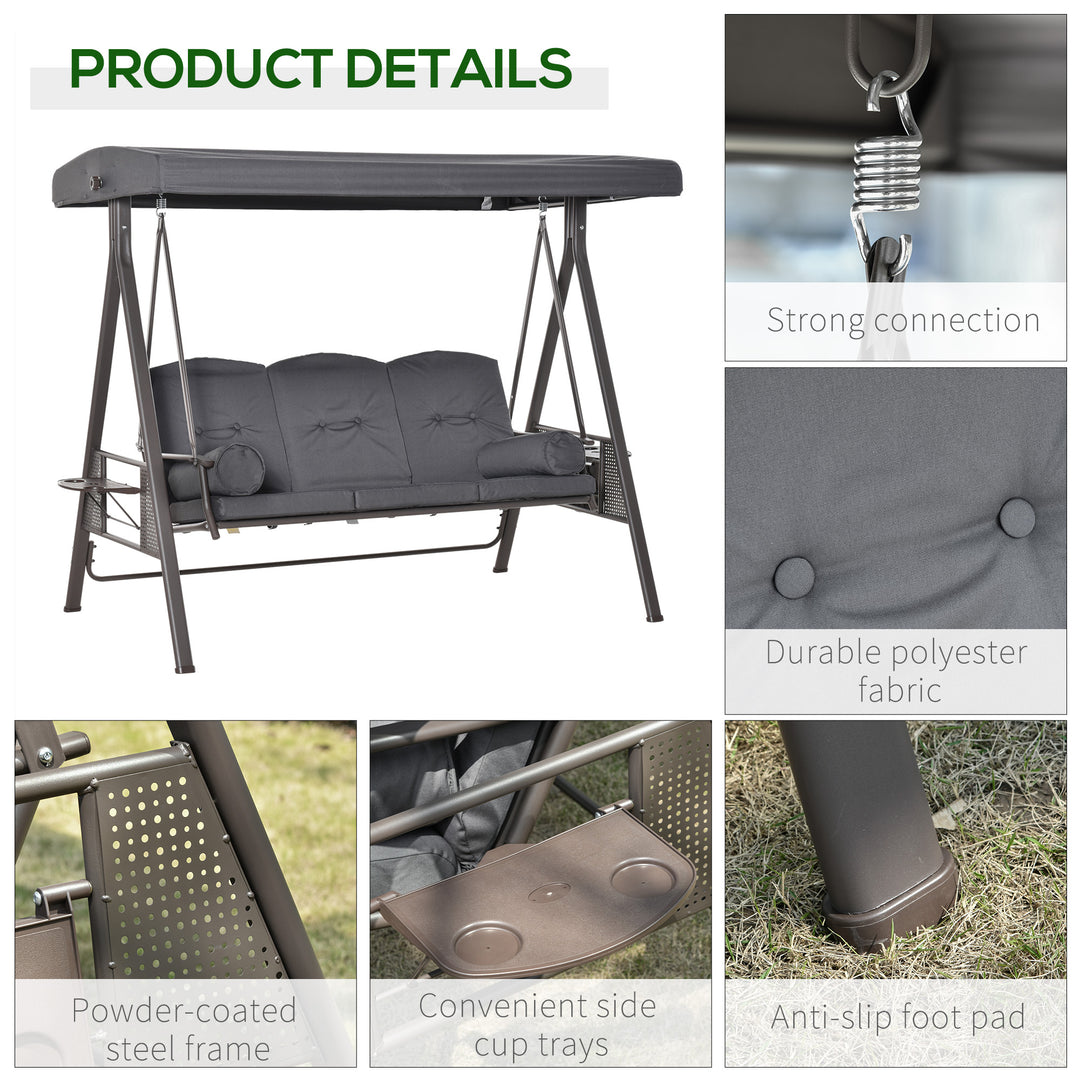 3 Seater Garden Swing Chair Outdoor Hammock Bench w/ Adjustable Canopy, Cushions and Cup Trays, Brown Steel Frame, Dark Grey Fabric
