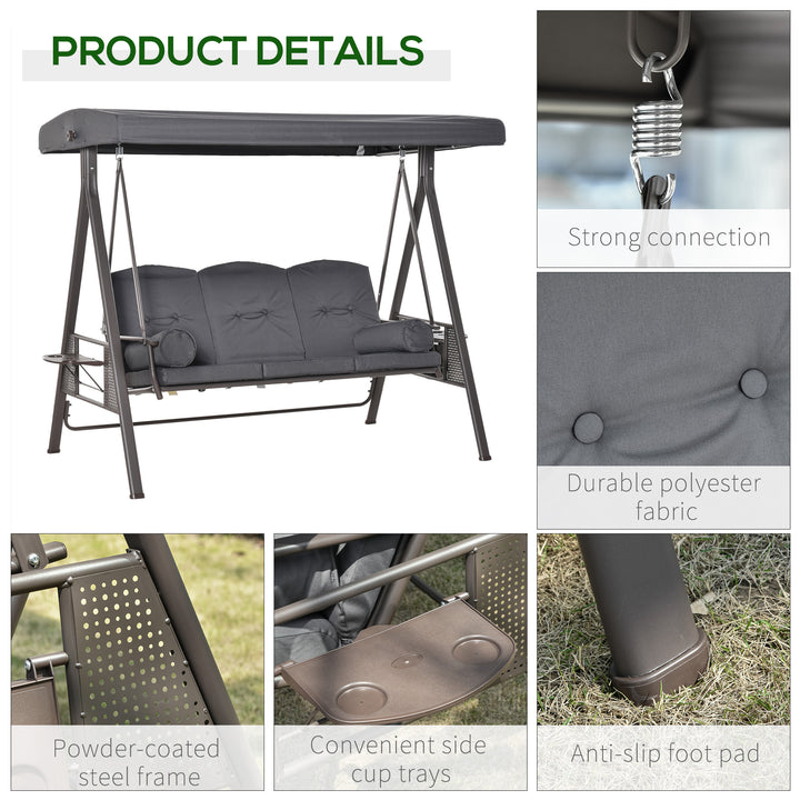 3 Seater Garden Swing Chair Outdoor Hammock Bench w/ Adjustable Canopy, Cushions and Cup Trays, Brown Steel Frame, Dark Grey Fabric