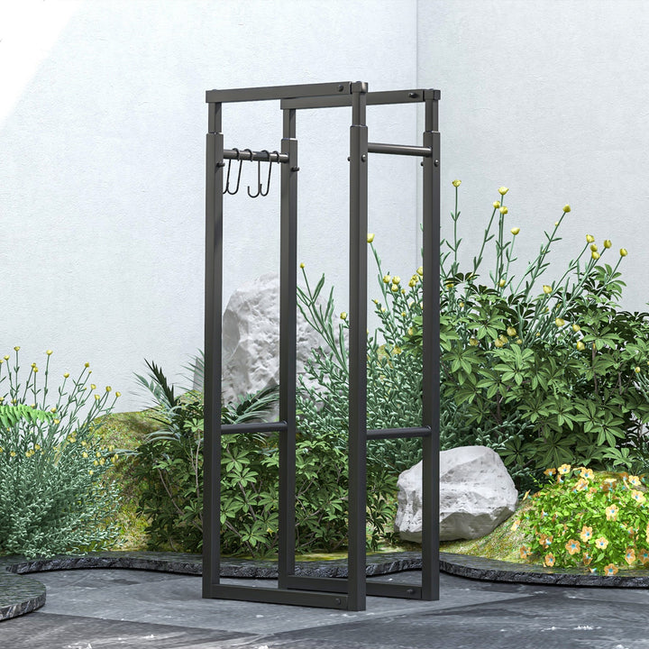 Firewood Log Rack Set of 2, Retractable Metal Wood Store Holder, Indoor Outdoor Fireplace Log Storage Shelf with Hooks, 65 x 25 x 150 cm, Black