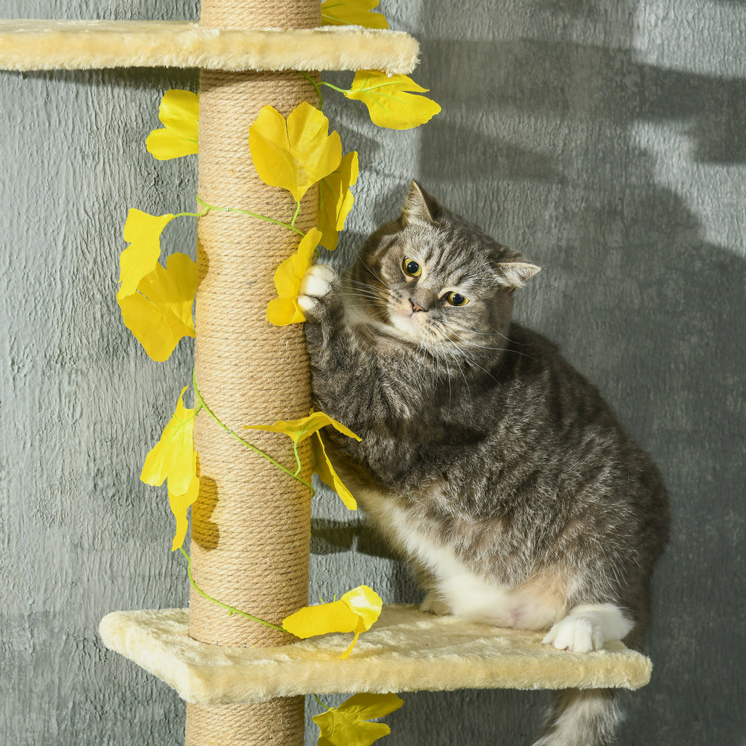 242cm Adjustable Floor-To-Ceiling Cat Tree, with Artificial Decoration, Perches, Anti-Slip Kit - Yellow