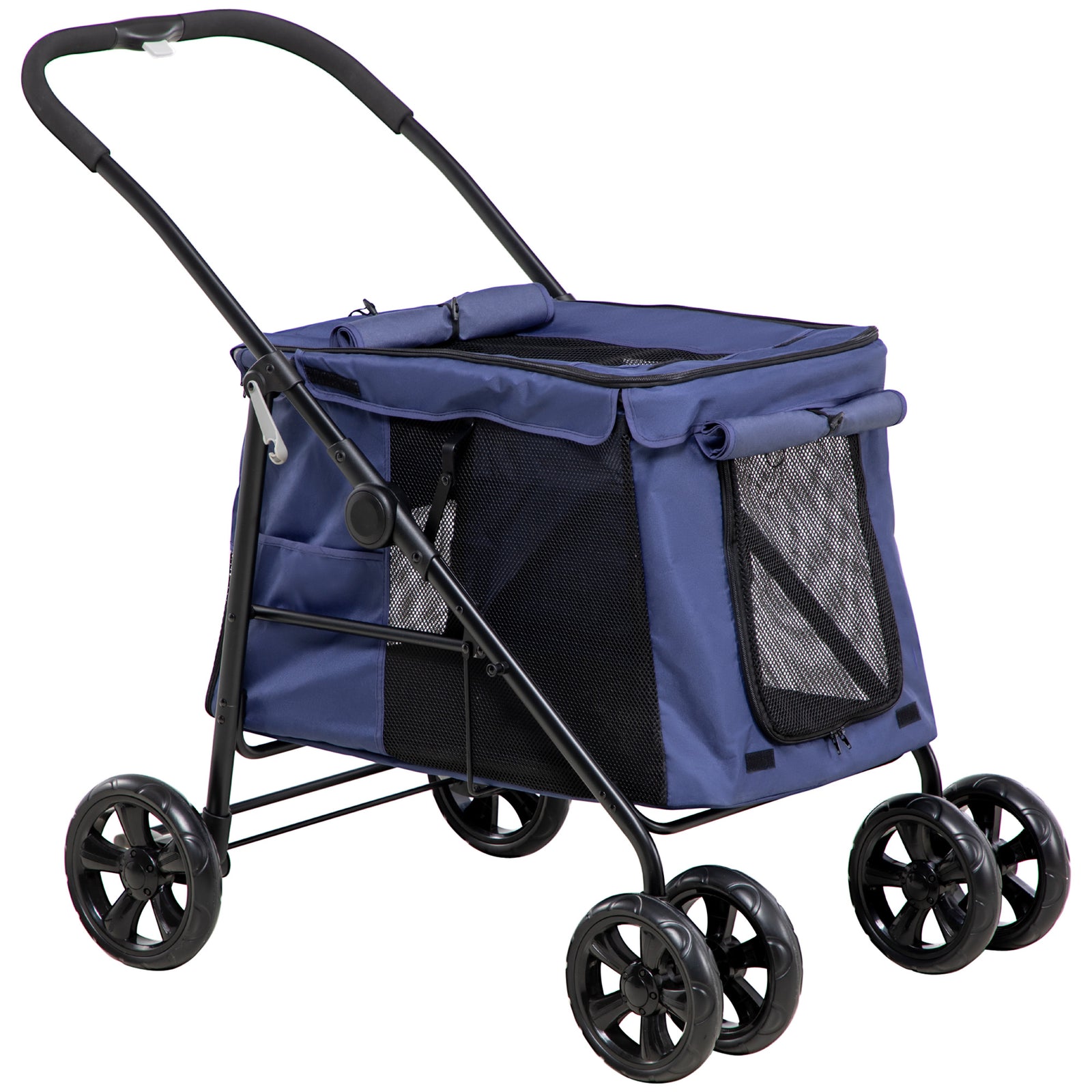 Dog Pram Dog Stroller 4 Wheels Pet Pushchair with Rolling Door, Cushion, Safety Leashes, for Small and Medium Dogs, Dark Blue